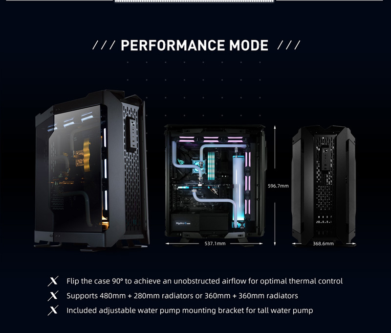 PERFORMANCE MODE. Flip the case 90 degrees to achieve an unobstructed airflow for optimal thermal control. Supports 480mm plus 280mm radiators or 360mm plus 360mm radiators. Included adiustable water pump mounting bracket for tall water bump