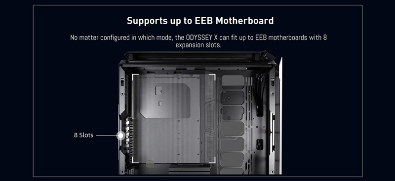 Supports up to EB Motherboard. No matter configured in which mode, the ODYSSEY X can fit up to EB motherboards with & expansion slots.