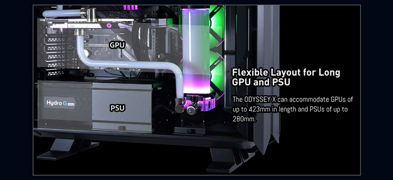 Flexible Layout for Long GPU and PSU. The ODYSSEY X can accommodate GPUs of up to 423mm in length and PSUs of up to 280mm.!