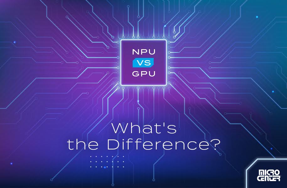Illustration highlighting the comparison between NPU and GPU technology, featuring a central chip design with the text 'NPU vs GPU' and the question 'What's the Difference?' in the foreground.