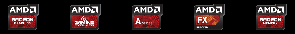AMD Radeon Graphics, Gaming Evolved, A Series, FX Series and Radeon Memory badges