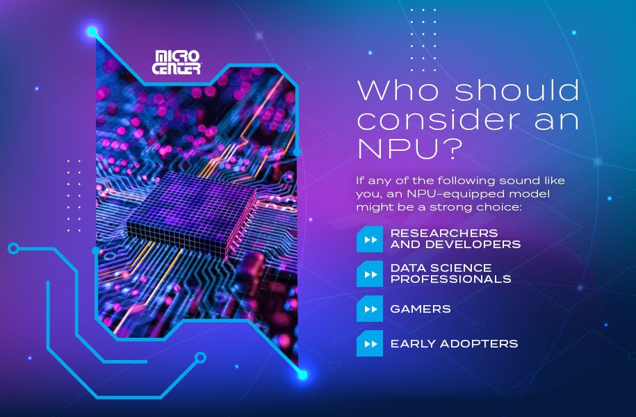 Infographic explaining who should consider an NPU, listing researchers, data science professionals, gamers, and early adopters as the main audiences for neural processing units.