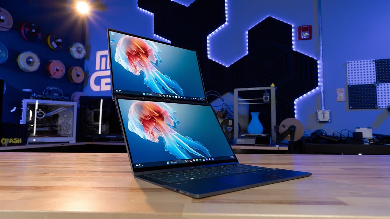 The Asus Zenbook Duo laptop on a desk. 