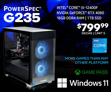 PowerSpec G235 Gaming Desktop - $799.99 - Intel Core i5-12400F, NVIDIA GeForce RTX 4060, 16GB DDR4 RAM, 1TB SSD, Windows 11; More Games than any other platform, GAME PASS; SKU 592345, Limit 5