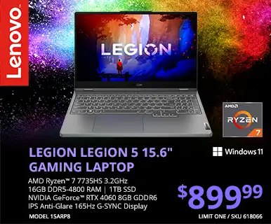 Lenovo Legion 5 15.6 inch Gaming Laptop - AMD Ryzen 7 7735HS 3.2GHz, 16GB DDR5-4800 RAM, 1TB SSD, NVIDIA GeForce RTX 4060 8GB GDDR6, IPS Anti-Glare 165Hz G-SYNC Display - $899.99; Limit One, SKU 618066