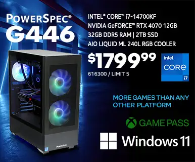 PowerSpec G446 Gaming Desktop - $1799.99; Intel Core i7-14700KF, NVIDIA GeForce RTX 4070 12GB, 32GB DDR5 RAM, 2TB SSD, AIO Liquid ML 240L RGB Cooler, Windows 11; SKU 616300, Limit 5; MORE GAMES THAN ANY OTHER PLATFORM - Game Pass.