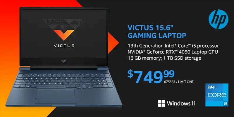 HP Victus 15.6 inch Gaming Laptop - 13th Generation Intel Core i5 processor, NVIDIA GeForce RTX 4050 Laptop GPU, 16 GB memory; 1 TB SSD storage. $749.99; SKU 675587
