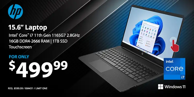 HP 15.6” Laptop - Intel Core i7 11th Gen 1165G7 2.8GHz, 16GB DDR4-2666 RAM, 1TB SSD, Touchscreen - $499.99: REG. $599.99, 684431, LIMIT ONE