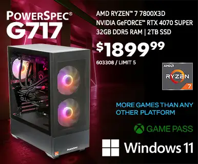 PowerSpec G717 Gaming Desktop - $1899.99; AMD Ryzen 7 7800X3D, NVIDIA GeForce RTX 4070 SUPER, 32GB DDR5 RAM, 2TB SSD, Game Pass, Windows 11; MORE GAMES THAN ANY OTHER PLATFORM; SKU 603308, limit 5
