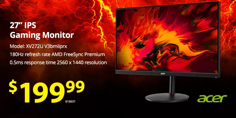Acer 27 inch IPS Gaming Monitor - Model: XV272U V3bmiiprx, 180Hz refresh rate AMD FreeSync Premium, 0.5ms response time 2560 x, 1440 resolution. $199.99; 616631