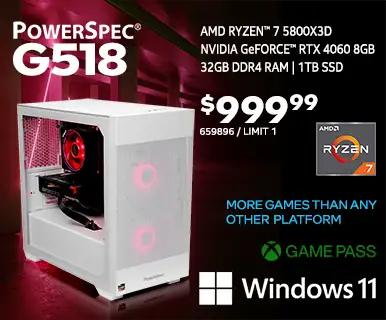 PowerSpec G518 Gaming Desktop - $999.99; AMD Ryzen 7 5800X3D, NVIDIA GeForce RTX 4060 8GB, 32GB DDR4 RAM, 1TB SSD, Game Pass, Windows 11; MORE GAMES THAN ANY OTHER PLATFORM; SKU 659896, limit 1