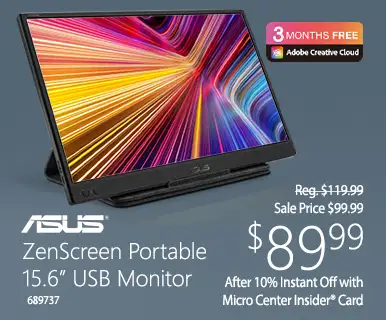 ASUS ZenScreen Portable 15.6 inch USB Monitor; Sale Price - $99.99; $89.99 after 10% Instant Off with Micro Center Insider Card; SKU 689737