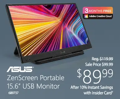 ASUS ZenScreen Portable 15.6 inch USB Monitor; Sale Price - $99.99; $89.99 after 10% Instant Savings with Insider Card; SKU 689737