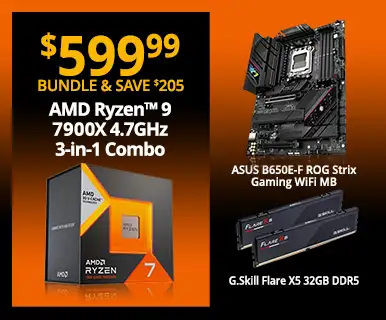 $599.99 - Bundle and Save $205 - AMD Ryzen 9 7900X 4.7GHz 3-in-1 Combo; ASUS B650E-F ROG Strix Gaming WiFi Motherboard, G.Skill Flare X5 32GB DDR5