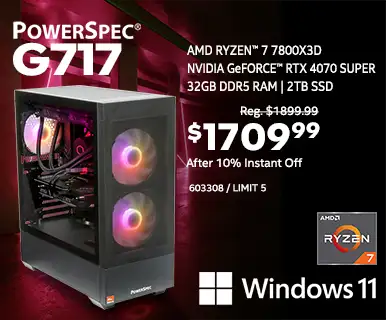 PowerSpec G717 Gaming Desktop - PRICE DROP - Reg. $1899.99, Sale price $1799.99, $1619.99 After 10% Instant Savings with the Insider Card; AMD Ryzen 7 7800X3D, NVIDIA GeForce RTX 4070 SUPER, 32GB DDR5 RAM, 2TB SSD, Windows 11; SKU 603308, limit 5