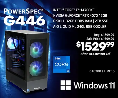 PowerSpec G446 Gaming Desktop - Reg. $1899.99, Sale Price $1699.99, $1529.99 After 10% instant Off; Intel Core i7-14700KF, NVIDIA GeForce RTX 4070 12GB, G. Skill 32GB DDR5 RAM, 2TB SSD, AIO Liquid ML 240L RGB Cooler, Windows 11; SKU 616300, Limit 5; load=