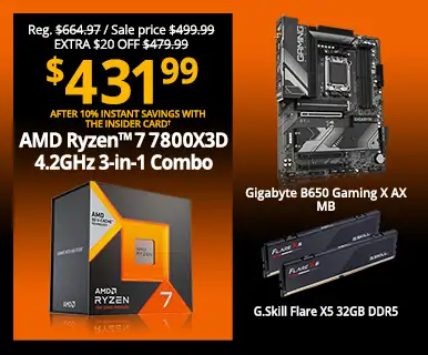 Reg. $664.97, Sale price $499.99, Extra $29 Off $479.99 - $431.99 After 10% Instant Savings with the Insider Card - AMD Ryzen 7 7800X3D 4.2GHz 3-in-1 Combo; Gigabyte B650 Gaming X AX Motherboard, G.Skill Flare X5 32GB DDR5