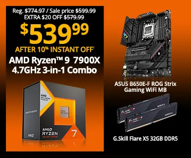Reg. $774.97, Sale price $599.99, Extra $20 Off $579.99 - $539.99 After 10% Instant Off - AMD Ryzen 9 7900X 4.7GHz 3-in-1 Combo; ASUS B650E-F ROG Strix Gaming WiFi Motherboard, G.Skill Flare X5 32GB DDR5