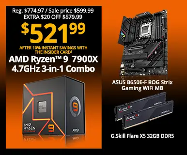 Reg. $774.97, Sale price $599.99, Extra $20 Off $579.99 - $521.99 After 10% Instant Savings with the Insider Card - AMD Ryzen 9 7900X 4.7GHz 3-in-1 Combo; ASUS B650E-F ROG Strix Gaming WiFi Motherboard, G.Skill Flare X5 32GB DDR5