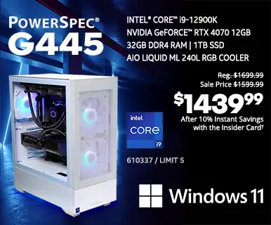 PowerSpec G445 Gaming Desktop - Reg. $1699.99, Sale Price $1599.99, $1439.99 After 10% Instant Instant Savings with the Insider Card; Intel Core i9-12900K, NVIDIA GeForce RTX 4070 12GB, 32GB DDR4 RAM, 1TB SSD, AIO Liquid ML 240L RGB Cooler, Windows 11; SKU 610337, Limit 5