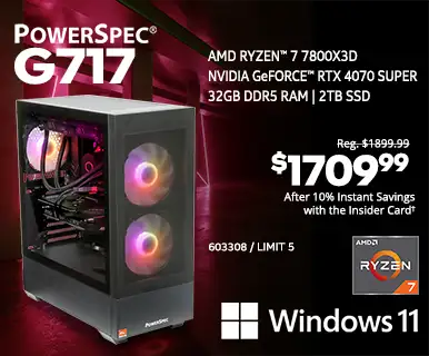PowerSpec G717 Gaming Desktop - Reg. $1899.99, $1709.99 After 10% Instant Savings with the Insider Card; AMD Ryzen 7 7800X3D, NVIDIA GeForce RTX 4070 SUPER, 32GB DDR5 RAM, 2TB SSD, Windows 11; SKU 603308, limit 5