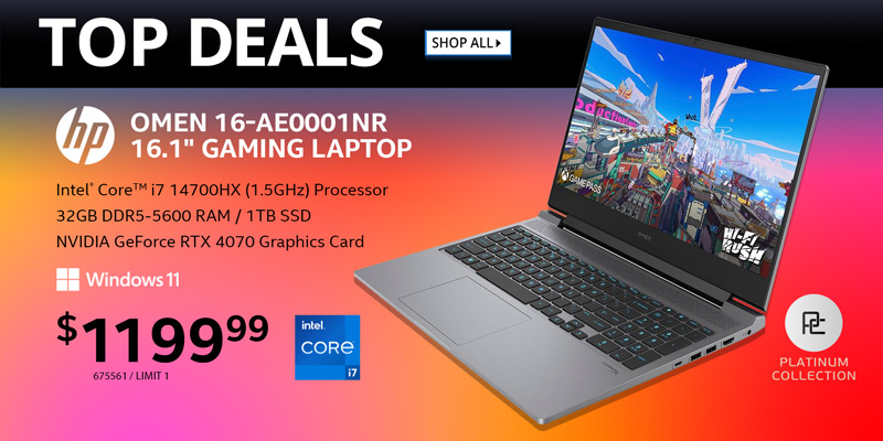 TOP DEALS - HP OMEN 16-ae0001nr 16.1 inch Gaming Laptop - Intel Core i7 14700HX 1.5GHz Processor, 32GB DDR5-5600 RAM, 1TB SSD NVIDIA GeForce RTX 4070 Graphics Card - $1199.99 - SHOP NOW - SKU 675561 / LIMIT 1