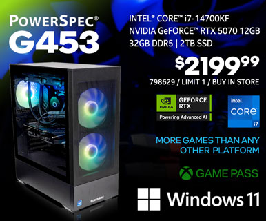 PowerSpec G453 Gaming Desktop - $2199.99 - Intel Core i7-14700KF, NVIDIA GeForce RTX 5070 12GB, 32GB DDR5, 2TB SSD, Windows 11; More Games than any other platform, GAME PASS; SKU 798629, Limit 1, Buy in store