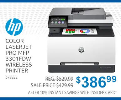 HP Color LaserJet
Pro MFP 3301fdw Wireless Printer - REG $529.99, SALE $429.99; $386.99 Price after 10% Instant Savings with Insider Card; SKU 673822
