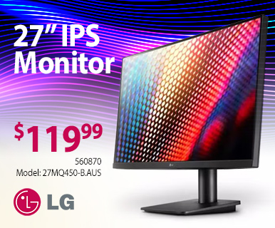 LG 27 inch IPS Monitor - Model 27MQ450-B.AUS, 75Hz refresh rate, FreeSync; HDMI; DP, 5ms response time, 1920 x 1080 resolution; $99.99; SKU 560870