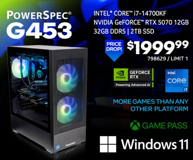 PowerSpec G453 Gaming Desktop - PRICE DROP $1999.99 - Intel Core i7-14700KF, NVIDIA GeForce RTX 5070 12GB, 32GB DDR5, 2TB SSD, Windows 11; More Games than any other platform, GAME PASS; SKU 798629, Limit 1