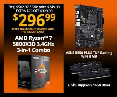 Reg. $502.97. Sale price $349.99, Extra $20 Off $329.99 - $296.00 after 10% Instant Off - AMD Ryzen 7 7800X3D 3.4GHz 3-in-1 Combo; ASUS B550-PLUS TUF Gaming WiFi II Motherboard, G.Skill Ripjaws V 16GB DDR4