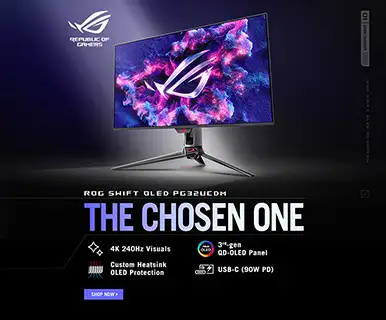 ASUS ROG Swift OLED PG32UCDM - The Chosen One - 4K 240Hz Visuals, 3rd Gen QD-OLED Panel, Custom Heatsink OLED Protection, USB-C. Shop Now