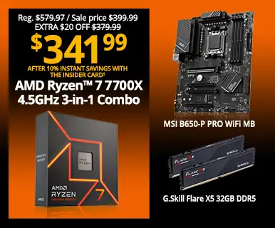 Reg. $579.97. Sale price $399.99, Extra $20 Off $379.99 - $341.00 after 10% Instant Off - AMD Ryzen 7 7700X 4.5GHz 3-in-1 Combo; MSI B650-P Pro WiFi MB, G.Skill Flare X5 32GB DDR5