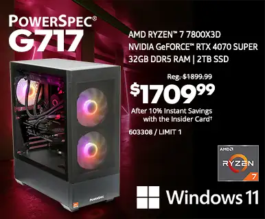 PowerSpec G717 Gaming Desktop - PRICE DROP - Reg. $1899.99, $1709.99 After 10% Instant Savings with the Insider Card; AMD Ryzen 7 7800X3D, NVIDIA GeForce RTX 4070 SUPER, 32GB DDR5 RAM, 2TB SSD, Windows 11; SKU 603308, limit 1