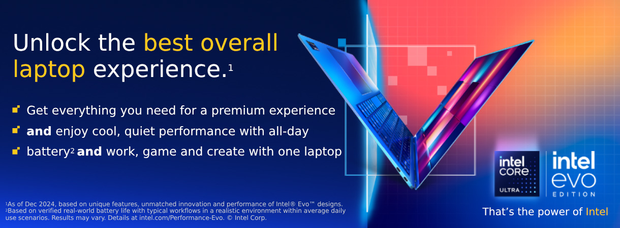 Unlock the best overall laptop experience. Get everything you need for a premium experience and enjoy cool, quiet performance with all-dazy battery and work, game and create with one laptop. That's the power of Intel