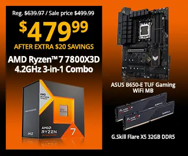 Reg. $639.97. Sale price $499.99, $479.99 After Extra $20 Savings - AMD Ryzen 7 7700X 4.5GHz 3-in-1 Combo; MSI B650-P Pro WiFi MB, G.Skill Flare X5 32GB DDR5