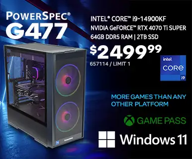 PowerSpec G477 Gaming Desktop - $2499.99; Intel Core i9-14900KF, NVIDIA GeForce RTX 4070 Ti SUPER, 64GB DDR5 RAM, 2TB SSD, Windows 11; SKU 657114, Limit 1