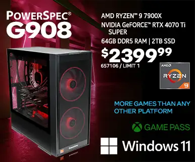 PowerSpec G908 Gaming Desktop - $2399.99; AMD Ryzen 9 7900X, NVIDIA GeForce RTX 4070 Ti Super, 64GB DDR5 RAM, 2TB SSD, Game Pass, Windows 11; MORE GAMES THAN ANY OTHER PLATFORM; SKU 657106, limit 1