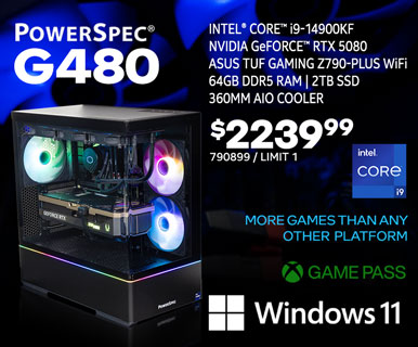 PowerSpec G480 Gaming Desktop - $2239.99 - Intel Core i9-14900KF, NVIDIA GeForce RTX 5080, ASUS TUF Gaming Z790-PLUS WiFi, 64GB DDR5 RAM, 2TB SSD, 360MM AIO Cooler, Windows 11; More Games than any other platform, GAME PASS; SKU 790899, Limit 1