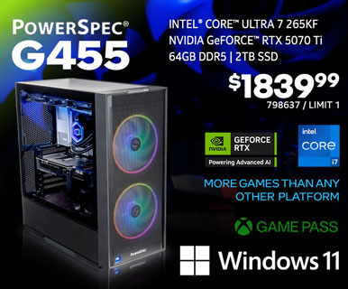 PowerSpec G455 Gaming Desktop - $1839.99 - Intel Core Ultra 7 256KF, NVIDIA GeForce RTX 5070 Ti, 64GB DDR5, 2TB SSD, Windows 11; More Games than any other platform, GAME PASS; SKU 798637, Limit 1