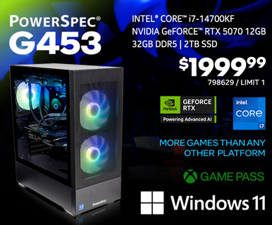 PowerSpec G453 Gaming Desktop - $1999.99 - Intel Core i7-14700KF, NVIDIA GeForce RTX 5070 12GB, 16GB DDR5, 2TB SSD, Windows 11; More Games than any other platform, GAME PASS; SKU 798629, Limit 1, Buy in store