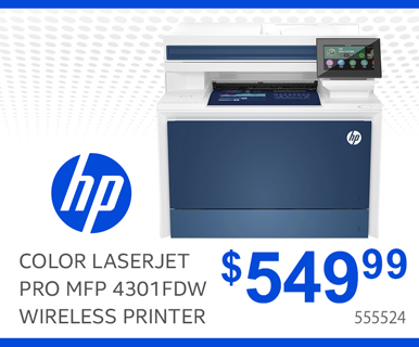 HP Color LaserJet Pro MFP 4301fdw Wireless Printer - REG. $699.99, Sale Price $549.99. SKU 555524
