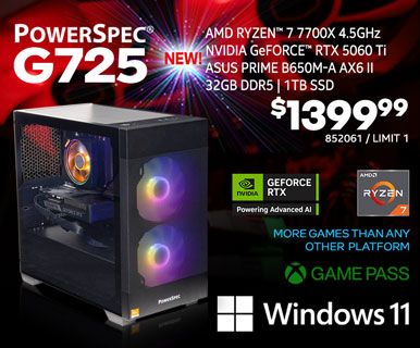 NEW! PowerSpec G725 Gaming Desktop - $1399.99; AMD Ryzen 7 7700X 4.5GHz, NVIDIA GeForce RTX 5070 Ti,ASUS Prime B650M-A AX6 II MB, 32GB DDR5, 1TB SSD, Windows 11, More games than any other platform, Game Pass; SKU 852061, Limit 1