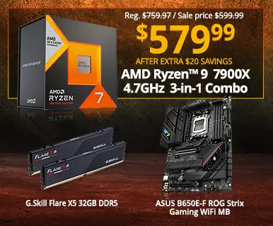 Reg. $759.97, Sale Price $599.99, $579.99 After Extra $20 Savings - AMD Ryzen 9 7900X 4.7GHz 3-in-1 Combo; ASUS B650E-F ROG Strix Gaming WiFi Motherboard, G.Skill Flare X5 32GB DDR5