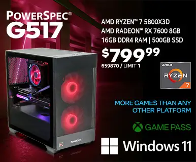 PowerSpec G517 Gaming Desktop - $799.99 - AMD Ryzen 7 5800X3D, AMD Radeon RX 7600 8GB, 16GB DDR4 RAM, 500GB SSD; SKU 659870, Limit 1