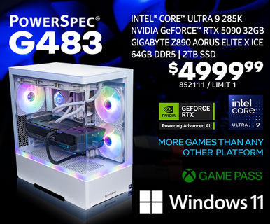 PowerSpec G483 Gaming Desktop - $4999.99 - Intel Core Ultra 9 285K, NVIDIA GeForce RTX 5090 32GB, Gigabyte Z890 AORUS ELITE X ICE, 64GB DDR5, 2TB SSD, Windows 11; More Games than any other platform, GAME PASS; SKU 852111, Limit 1, Buy in store