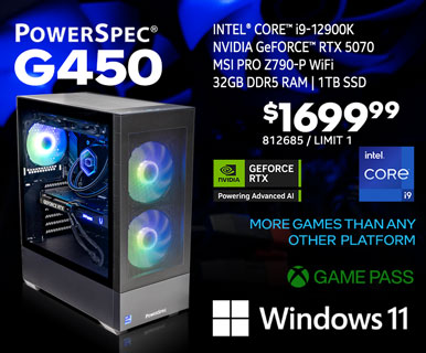 PowerSpec G450 Gaming Desktop - $1699.99 - Intel Core i9-12900K, NVIDIA GeForce RTX 5070, MSI Pro Z790-P WiFi, 32GB DDR5, 1TB SSD, Windows 11; More Games than any other platform, GAME PASS; SKU 812685, Limit 1