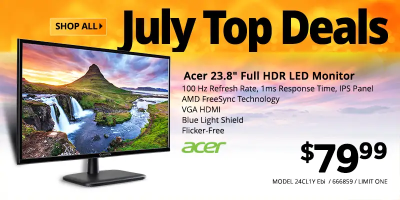 JULY TOP DEALS - Acer 23.8-inch Full HDR LED Monitor - $79.99; 100 Hz Refresh Rate, 1ms Response Time, IPS Panel, AMD FreeSync Technology, VGA HDMI, Blue Light Shield, Flicker-Free; MODEL 24CL1Y Ebi / 666859 / LIMIT ONE