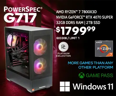 PowerSpec G717 Gaming Desktop - $1799.99; AMD Ryzen 7 7800X3D, NVIDIA GeForce RTX 4070 SUPER, 32GB DDR4 RAM, 2TB SSD, Windows 11, Platinum Collection, More games than any other platform, Game Pass; SKU 603308, Limit 1