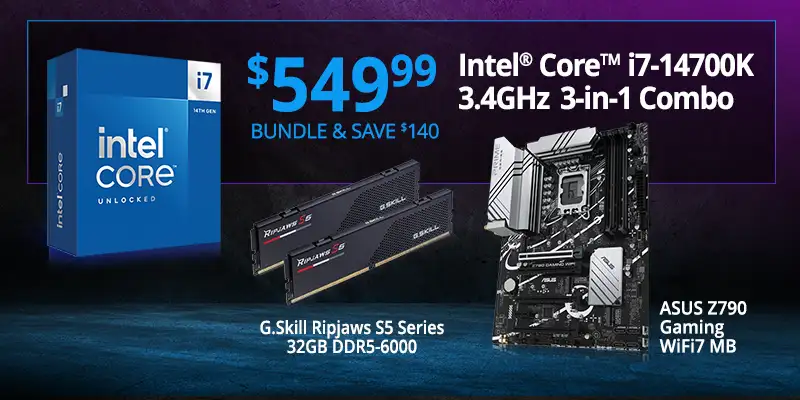Intel Core i7-14700K 3.4GHz 3-in-1 Combo - $549.99 Bundle and Save $140; includes ASUS Z790 Gaming WiFi7 Motherboard and G.Skill Ripjaws S5 Series 32GB DDR5-6000
